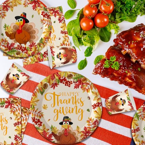 Thanksgiving Party Supplies Set with Plates Napkins Cups Forks Knives Spoons Fall Decorations