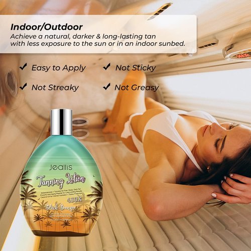 Jeallis Extreme Dark Tanning Lotion Accelerator for Indoor Tanning Beds & Outdoor Sun Tan with Bronzer to Get Dark Fast Tan, Bronzing Tanning Lotion with Tattoo Protecting Formula, DHA Free, 13.5oz