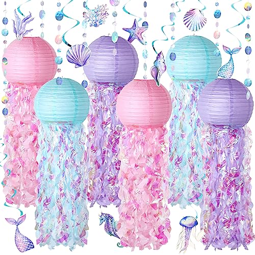 Mermaid Party Decorations Set with Jellyfish Paper Lanterns & Ocean Theme Swirls