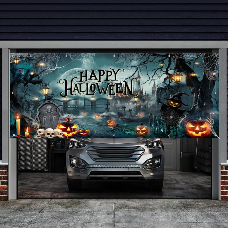 Halloween Garage Door Cover Banner 18x7ft Spooky Graveyard Backdrop - Outdoor Holiday Decoration - Variation of THIS listing