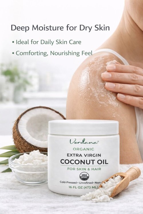 Verdana Extra Virgin Organic Coconut Oil for Skin – Rich Daily Moisturizer for Body & Dry Skin, Also for Hair Care – Unrefined, Cold Pressed, USDA Organic, 16 fl oz Jar