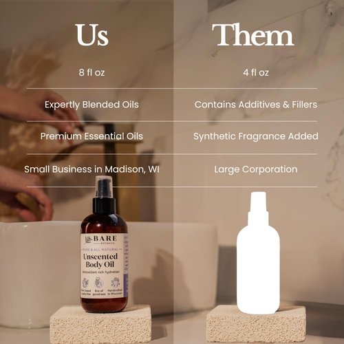 BARE BOTANICS 8 oz Moisturizing Unscented Body Oil - 100% Pure & Natural for Skin & Nails - Perfect for Moisturization - Vegan, Cruelty Free & Naturally Scented Hair Oil