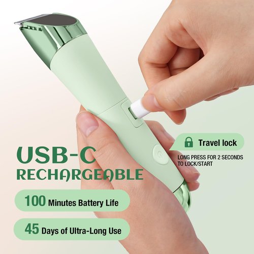 SUPRENT Bikini Trimmer Women - Painless Ladies Hair Removal - Waterproof Wet & Dry - 2 in 1 Lady Shaver for Pubic & Facial Hair - Cordless Electric Razor with USB-C Rechargeable - Green