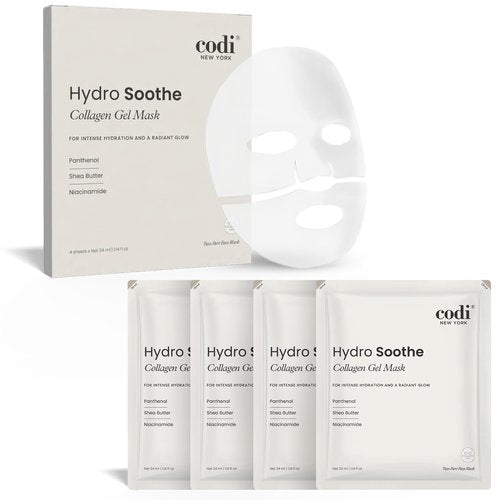 Codi New York Collagen Gel Mask, Non-Slip Breathable Micro-hole Hydrogel for Redness Relief & Glass Skin, Intense Hydration, Soothing, Moisturizing, 4 Sheets (Hydro Soothe)