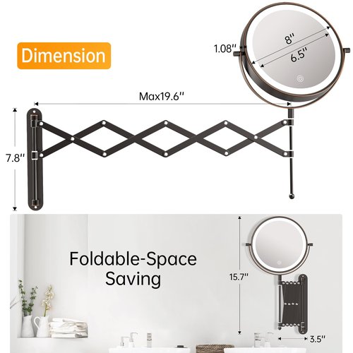 Rechargeable Wall Mounted Makeup Mirror with Light, 8 Inch 1X/10X Magnifying Mirror, 3 Light Settings & Dimmable, 360° Swivel Extendable Bathroom Vanity Mirror, Anti-Rust, Telescoping, Antique Bronze