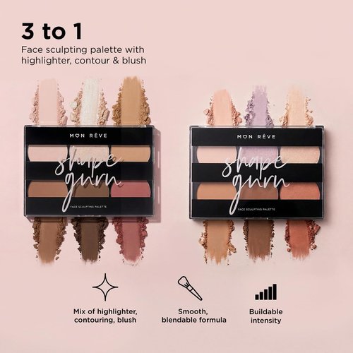 Mon Rêve 3-in-1 Contour Palette - Vegan Mineral Makeup for Highlighting, Blushing & Contouring | Parabens-Free, Light & Dark Shades (01 Light)