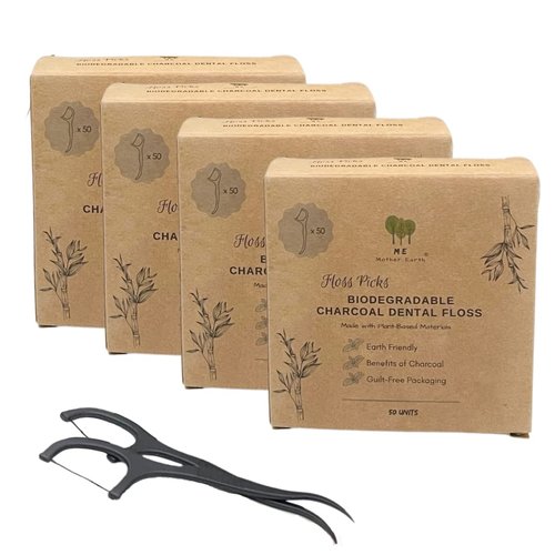 Me Mother Earth Vegan Biodegradable Dental Floss Picks (200 Count) - Natural | Sustainable | Eco-Friendly | Charcoal Dental Flossers for a Zero Waste Oral Care (3 Inch)