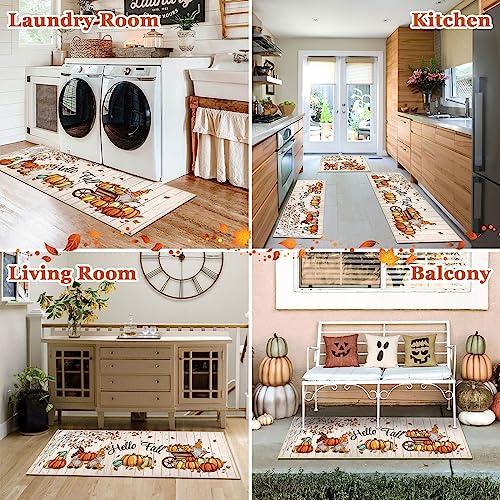 Hello Fall Kitchen Rug Set with Runner - 3 Piece Washable Harvest Gnome Pumpkin Leaves