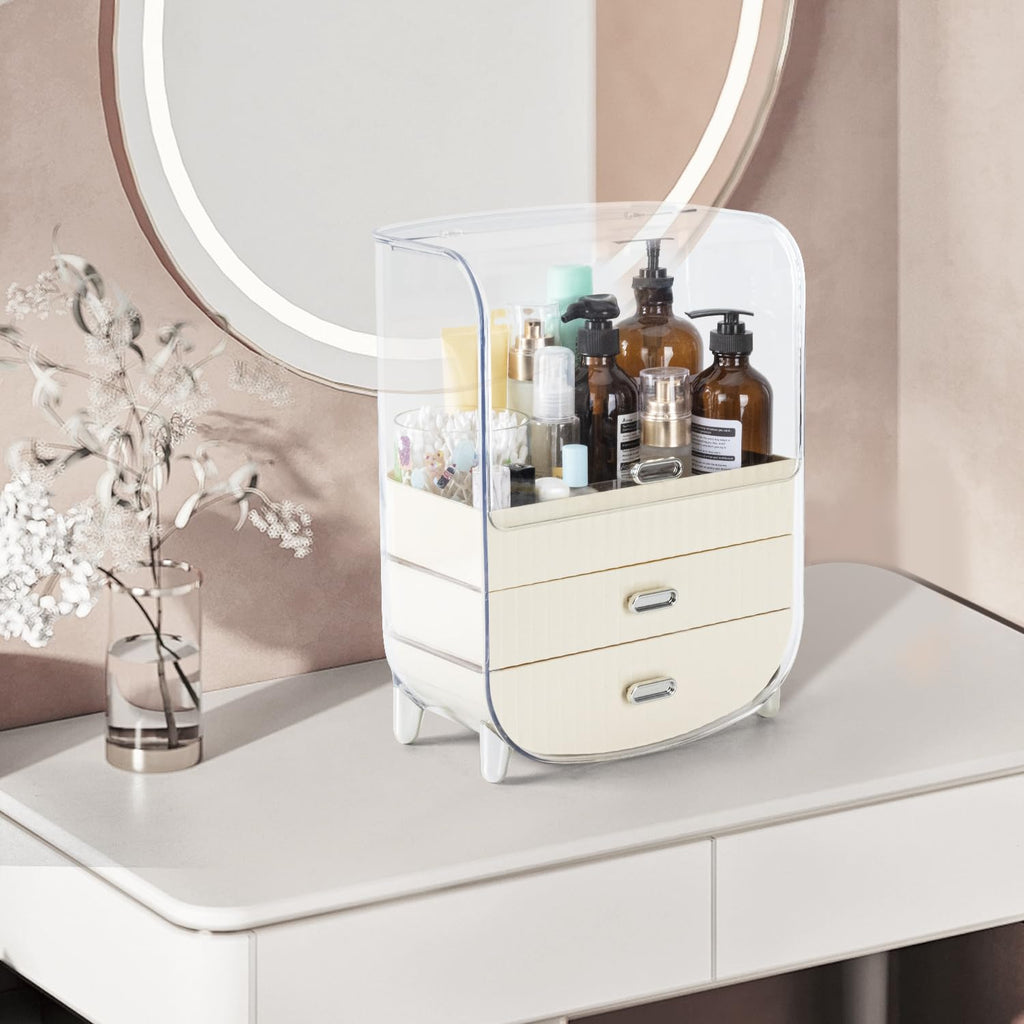 VUSIGN Makeup Organizer, Cosmetics Skincare Organizers with 3-Layer Storage Box and Transparent Cover, Vanity Organizer Countertop for Bathroom, Dresser, Ideal Gifts for Women, White