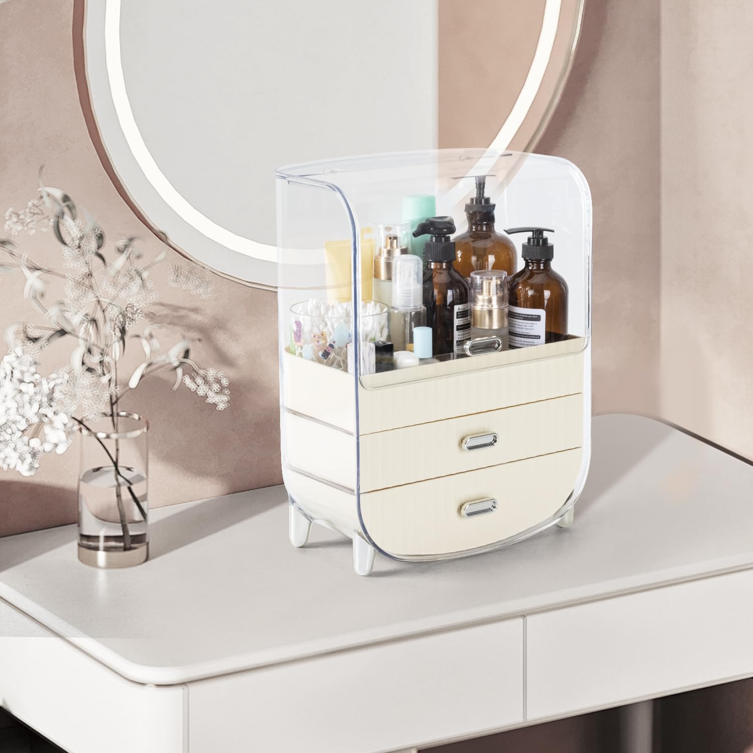 VUSIGN Makeup Organizer, Cosmetics Skincare Organizers with 3-Layer Storage Box and Transparent Cover, Vanity Organizer Countertop for Bathroom, Dresser, Ideal Gifts for Women, White