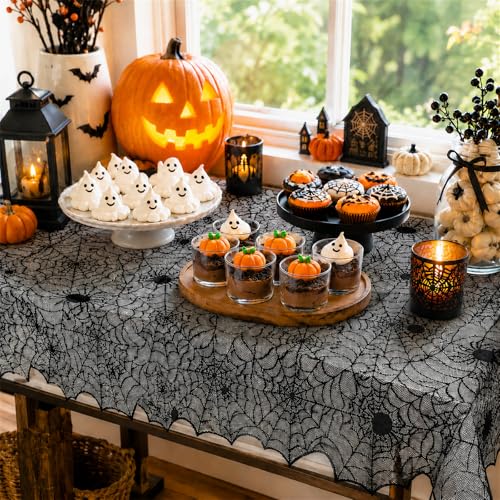 Halloween Spider Web Lace Tablecloth - 54x72 Inch Black Spooky Decor