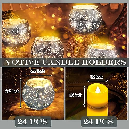Votive Candle Holders Set - Speckled Mercury Glass with Tea Lights, Silver, 24 Pieces