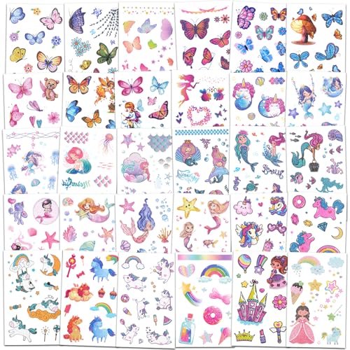 Kids Glitter Temporary Tattoos - Mixed Theme 30 Sheets, Waterproof & Safe
