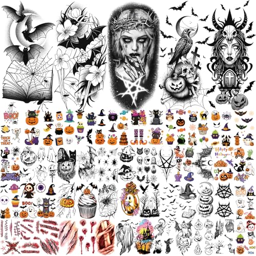 Halloween Temporary Tattoos Set - 77 Pieces with Half Sleeve and Small Designs - Kids & Adults - Halloween Tattoos
