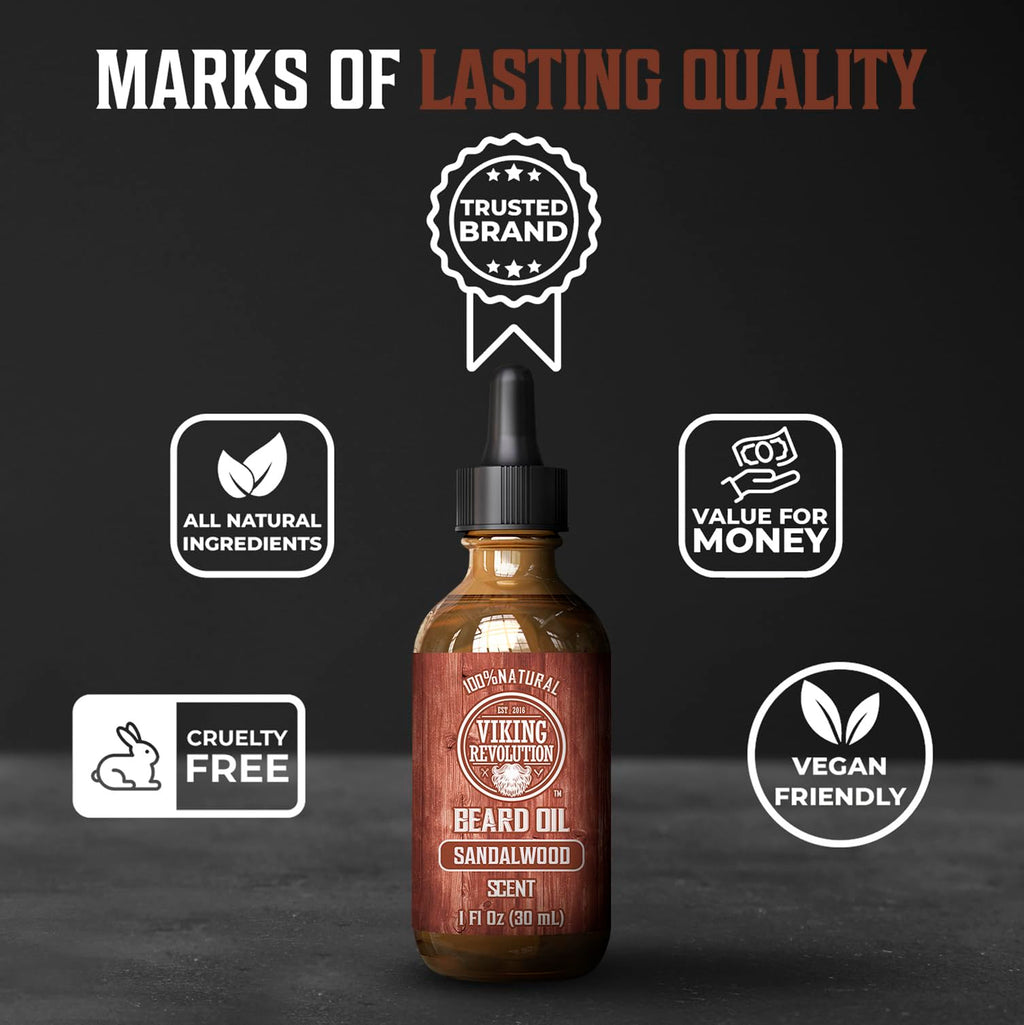 Viking Revolution Beard Oil for Men - Natural Mens Beard Oil with Argan Oil and Jojoba Oil - Beard Softener, Strengthens and Moisturizes - Beard Conditioner for Men (Sandalwood, 1 Pack)