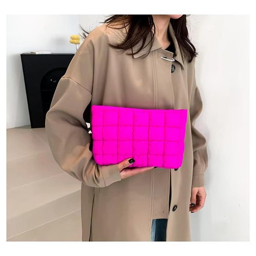CECKQUE Soft Checkered Quilted Puffy Makeup Bag for Women, Aesthetic Puffer Cosmetic Bag Pouch for Purse (Hot Pink)