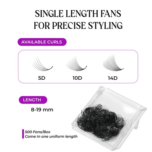 SAIGON LASH 500 pcs Narrow Promade Loose Fans – 10D Volume 0.07 C Curl, 8–19 mm Mixed Length, Matte Black Handmade Lash Extensions, Thick Wispy Lashes for Pros (Black-D-0.03-13mm)