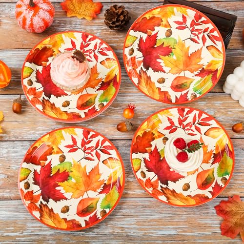 Fall Leaves Paper Plates - 7-Inch Thanksgiving Maple Leaf Dessert Plates - 24 Pack