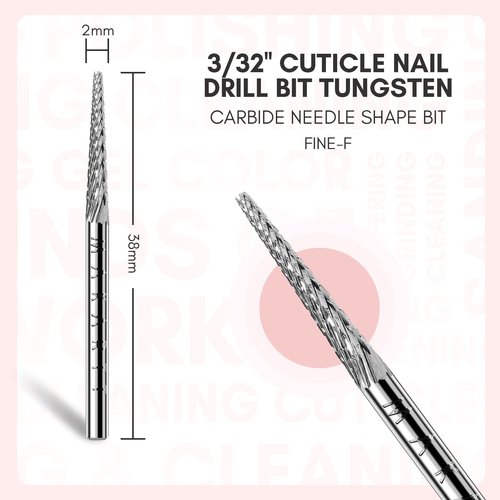 Makartt Nail Drill Bit:Cuticle Bit for Nail Drill 3/32" Safety Under Carbide Cuticle Cleaner Bit for Prep, Trimmer, Professional Art tools for manicure,Needle shape Fine-F