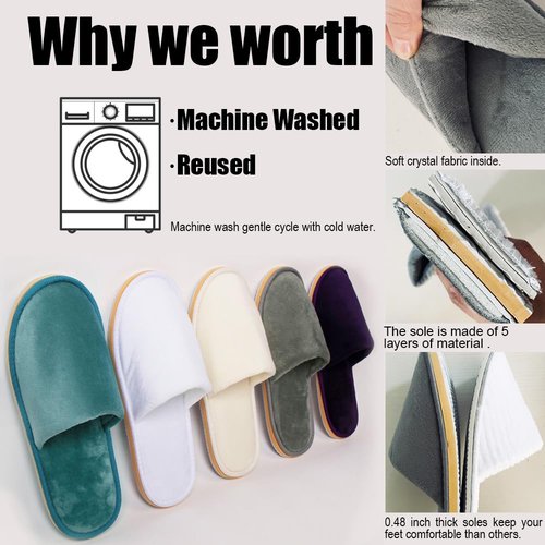 GONG GONG Non Slip Disposable Slippers, 6 Pairs, Washable, Reusable, Closed Toe, Crystal Velvet (Blue+Cream 6Pairs, Adult, Men, Large, Alpha, US Footwear Size System, Medium)