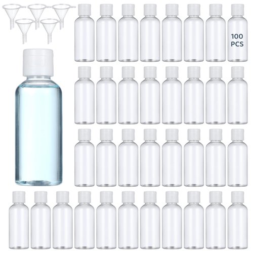 100 Pack 2 oz Plastic Empty Travel Bottles with Flip Cap 60ml Travel Size Containers Portable Leak Proof Clear Plastic Bottles Refillable Dispensing Bottles for Liquid Shampoo Lotion White