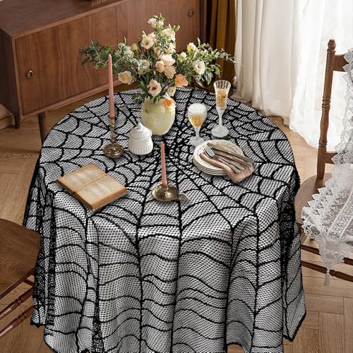 Spiderweb Lace Halloween Tablecloth - 51 Inch Round Black Indoor Decor