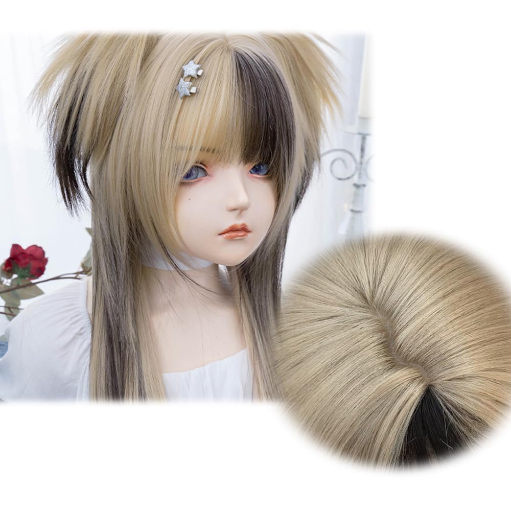VVRPWASSLY Women Linen Highlights Coffee Wig Clip on Pigtails Long Straight Hair with Bangs Synthetic Wig for Daily Party
