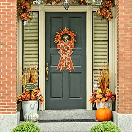 Large Fall Pumpkin Wreath Bow with Pumpkin Leaves - Style 1 - Thanksgiving Door Decor