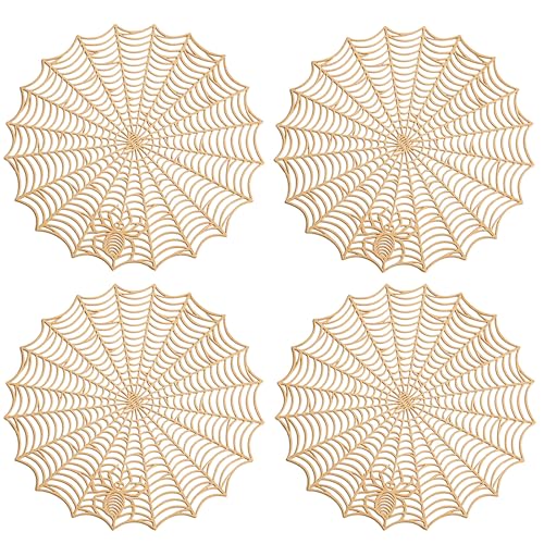 Gold Spider Web Placemats Set of 4 - Round Halloween Table Decor