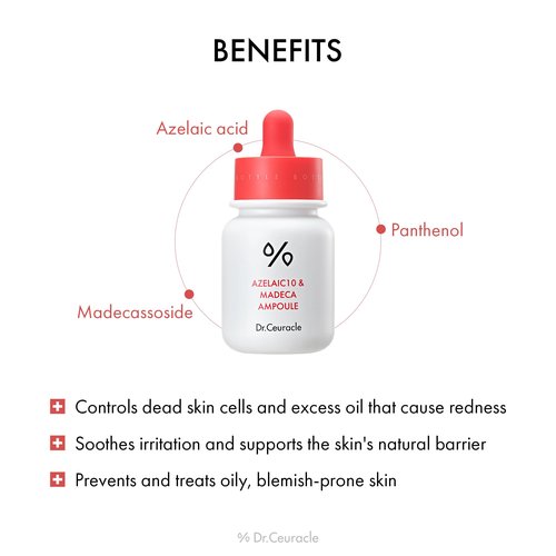 Dr.Ceuracle Azelaic Acid 10 & Madecassoside Ampoule - Redness Relief and Soothing Serum for Sensitive Skin and Blemish-Prone Spot Care, Korean Skincare for Stocking Stuffers
