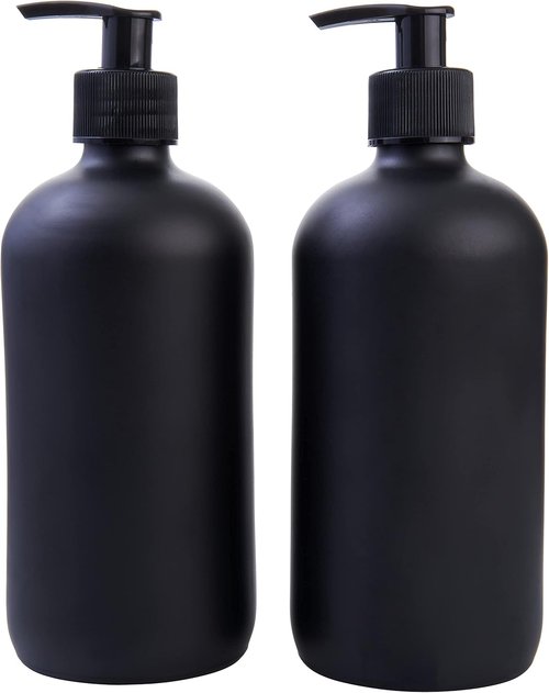 Boston Round Glass Bottles - 16oz Reusable Spray & Soap Dispenser Set of 2 | Black