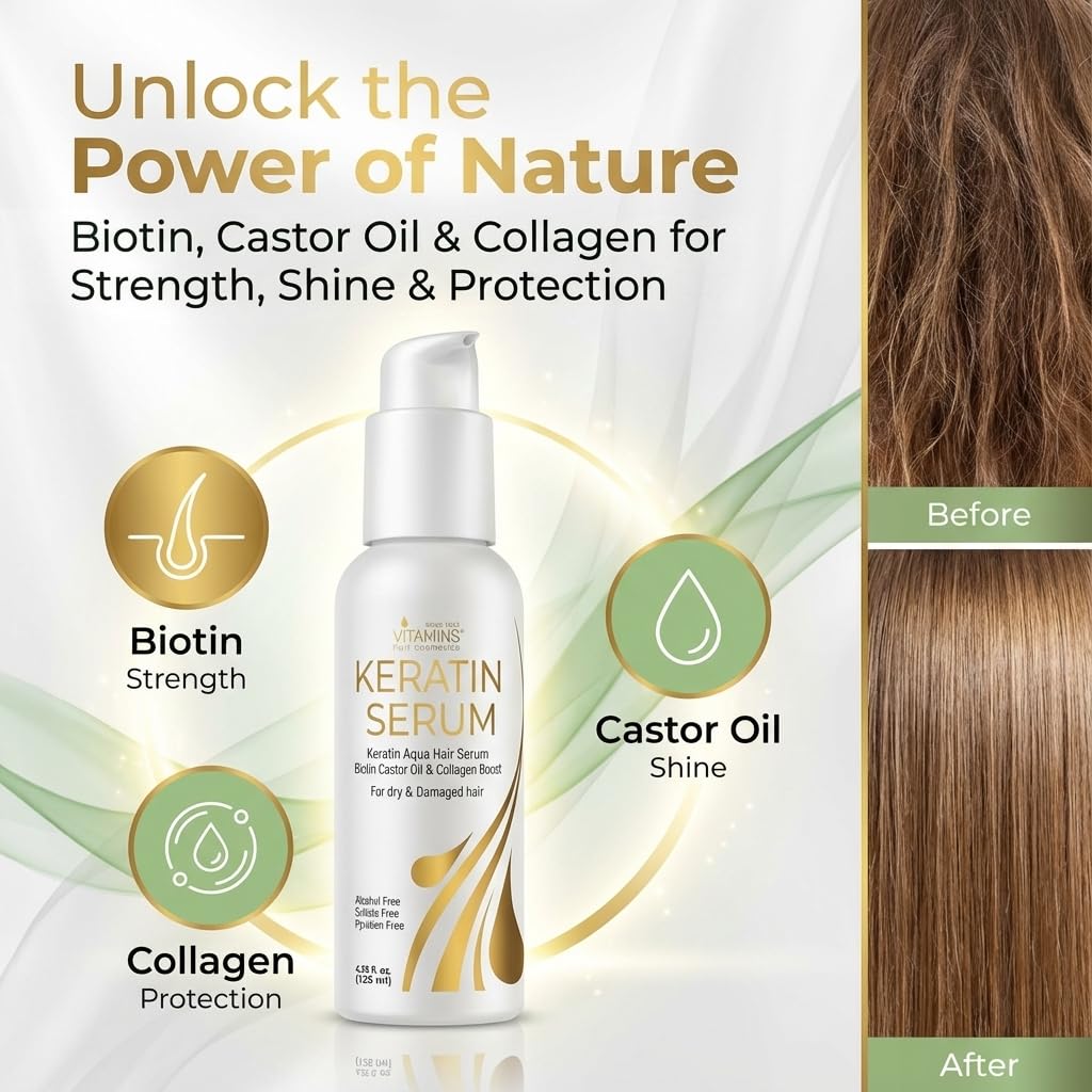 VITAMINS Keratin Hair Serum Oil - Anti-Frizz Treatment for Dry, Damaged Hair | 4.25 fl oz with Biotin & Collagen
