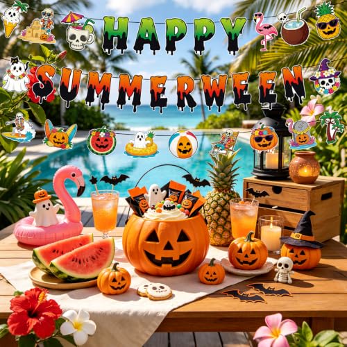 Summerween Banner - Spooky Summer Halloween Garland for Pool & Beach Parties - 3 Pack