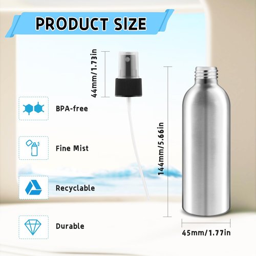 BOSMIOW 5 Pack 150ml/5oz Empty Aluminum Spray Bottles,Metal Fine Mist Sprayer,Refillable Cosmetic Atomizer Set with Lids for Cosmetic,Perfume,Face Spray,Air Freshener,Cleaning,Gardening