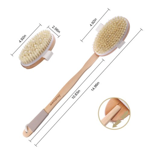 ÖkoStamm Dry Brushing Body Brush - Natural Bristle Dry Brush Set with 2 Detachable Heads, Wooden Long Handle Dry Body Brush for Lymphatic Drainage, Exfoliating and Cellulite Treatment