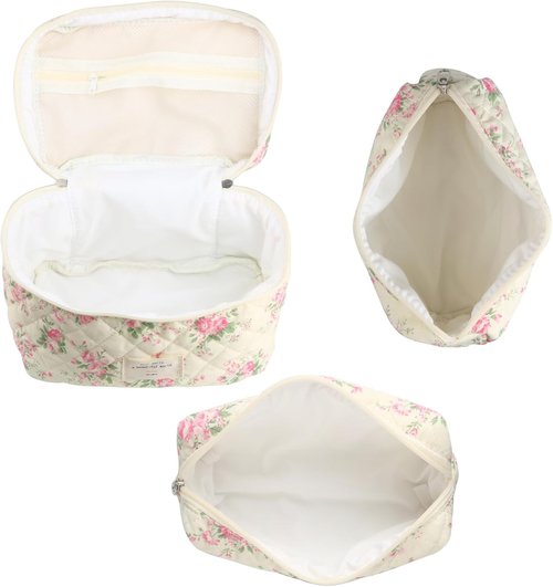 Skiennix Cute Makeup Bag Set - Quilted Floral Travel Cosmetic Organizer (3 Pcs, Pink Flower)