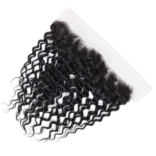 Deep Wave 13x4 Ear to Ear Transparent Lace Frontal Closure - Brazilian Virgin Human Hair Extensions, Deep Curly, Bleached Knots, Pre-Plucked With Baby Hair, Natural Color, 14 Inch