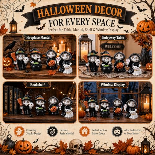 Halloween Skeleton Figurines Set of 4 - Black Mini Spooky Decor for Table, Shelf & Mantel