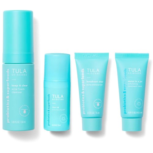 TULA Skin Care Clear Skin Starters Kit | Acne & Blemish Treatment - 4-Piece Foam Cleanser, Gel, Moisturizer & Mask