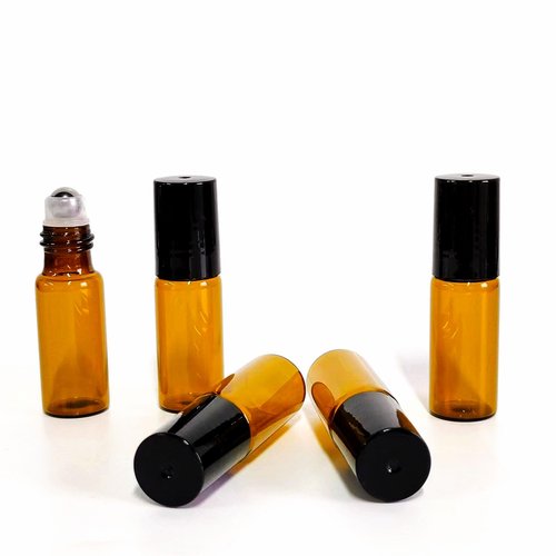 PYAWI 50 PCS 5ml Amber Glass Roller Bottle,Essential Oil Sample Vials with Stainless Steel Roller Ball,Black Caps,for Travel Perfume Cosmetics Small Container(2 Funnels, 2 Dropper, 1 Opener) (5ml)