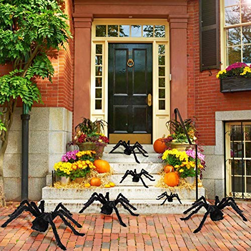 Halloween Outdoor Large Spider Decorations 6 Pack - Realistic Creepy Spiders for Yard & Porch - Vivid Black Hair & Red Eyes - Adjustable Legs