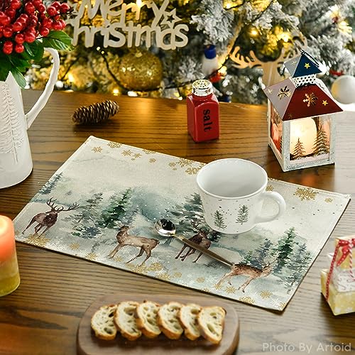 Watercolor Deer Trees Snowflakes Christmas Placemats Set of 12 - 12x18 Inch Seasonal Winter Table Mats, Green, Rectangular