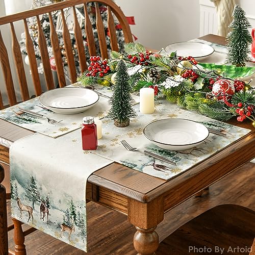 Watercolor Deer Trees Snowflakes Christmas Placemats Set of 12 - 12x18 Inch Seasonal Winter Table Mats, Green, Rectangular