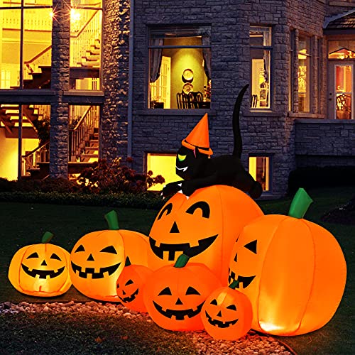 7.5Ft Halloween Inflatable Pumpkin with Witch, Black Cat & LED Lights - Outdoor Yard Decoration