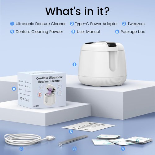 Cordless Ultrasonic Retainer Cleaner Machine, MEKO Rechargeable Denture Cleaner with 4000mAh Battery, 48kHZ, IPX5 Waterproof Dental Pod for Aligner, Braces, Jewelry, Toothbrush Head-White