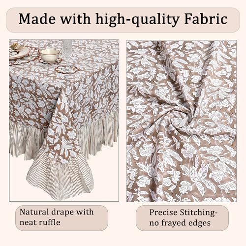 Ridhi Oak Brown Ruffle Hand Block Print Cotton Tablecloth 60x120 Inches - Rectangular