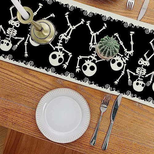 Halloween Skeleton Table Runner Black Linen 13x72 Inch for Dining & Party Decor