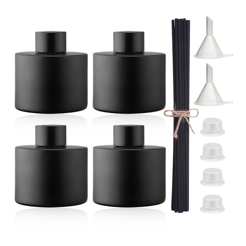 4PCS 100ML Glass Diffuser Bottles Black, Refillable Empty Perfume Fragrance Reed Bottles with 20pcs Reeds Sticks & Caps & Funnel, Diffuser Jars for DIY Fragrance Oil Wedding Party Decoration Gift
