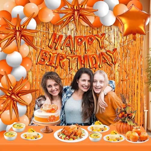 Orange White Birthday Decorations Set with Balloons, Fringe Curtains & Tablecloth - Variation: White Orange