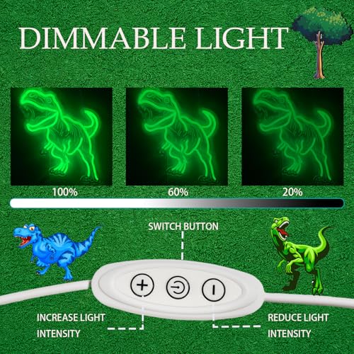 Green Dinosaur Neon Sign Wall Decor - USB Dimmable Night Light for Boys Bedroom, Party & Holiday Gift